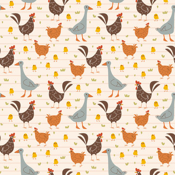 Seamless pattern with cartoon funny birds, geese, chickens and chickens. Gray and brown. Children s drawing is hand-drawn with cute characters of farm birds in a minimalist style. Vector illustration