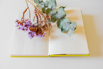 Spring composition. Book and dried flowers on white background. Flat lay, top view. Spring time...