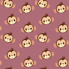 Seamless pattern with cute monkey avatar on a pink muted background. Children s pattern with an animal monkey. Cartoon vector illustration for printing on clothes, interiors and prints.