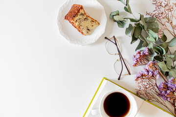 Breakfast composition on withe background. Flat lay, top view. Morning routine concept.