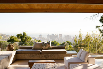 Sofas and coffee table on modern balcony
