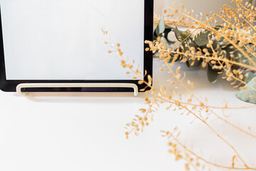 Frame with dry and fresh branches isolated and blank screen mobile on white background. 