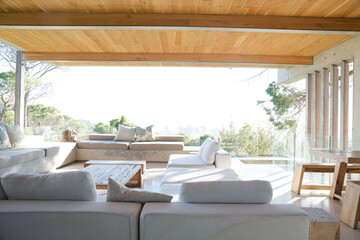 Sofas and coffee table on modern balcony