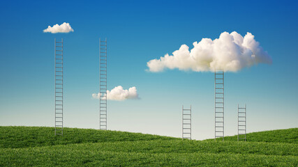 3d render, abstract simple landscape with green field, blue sky, white clouds and many ladders. Panoramic fantasy background, success concept