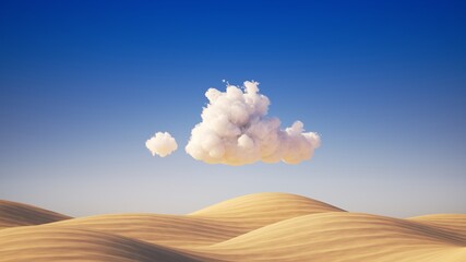 3d render. Desert dunes background, panoramic view. Realistic landscape with white clouds on a blue sky above the sand hills © wacomka