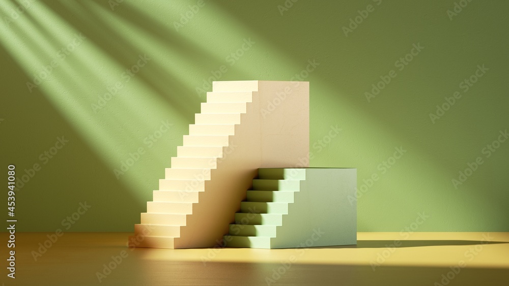 Aufkleber 3d render. abstract background with empty podium steps, stairs in the green room, wall illuminated w