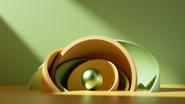 3d render, abstract minimal modern background with metallic core ball hidden inside yellow green hemisphere shell