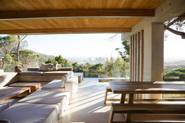Sofas and coffee table on modern balcony