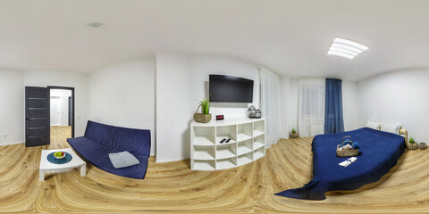 360 hdri panorama view in interior of modern luxure bedroom in studio apartments in dark blue color style and wooden furniture  in equirectangular spherical projection, VR AR content