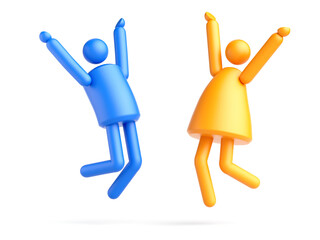 3d render, simple geometric male and female human characters jumping, happy couple icon. Social communication clip art isolated on white background