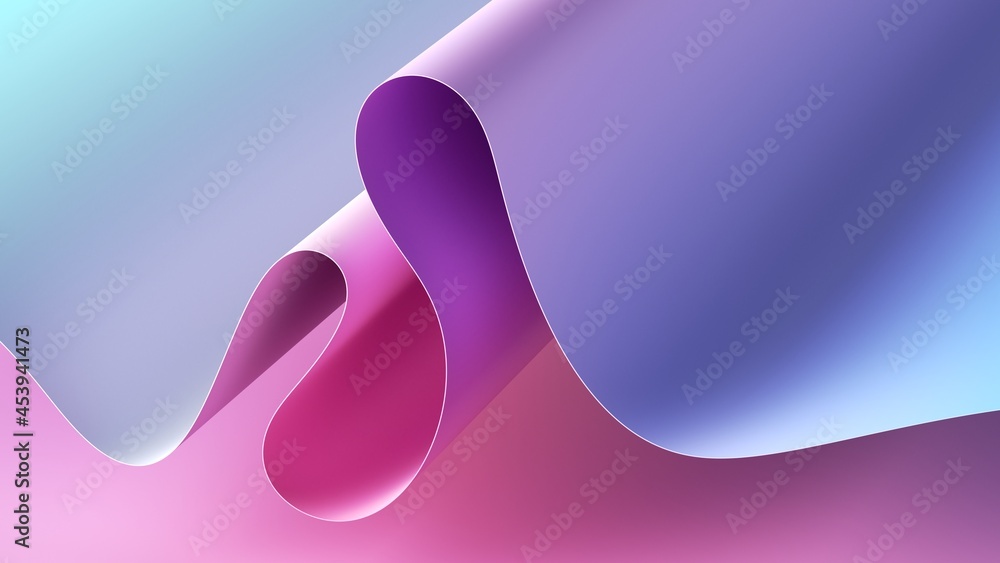 Wall mural 3d render, abstract background with paper waves, modern wallpaper with pink blue violet blue wavy fo