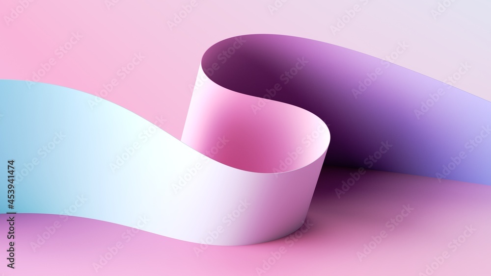 Wall mural 3d render. abstract minimal pastel pink background with folded paper scroll, curvy ribbon edge