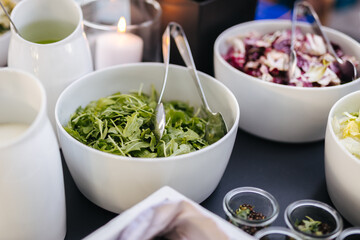 Delicious salads and appetizers at a wedding buffet