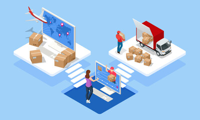 Global logistics network isometric illustration. Air cargo trucking rail transportation maritime shipping On-time delivery Vehicles designed to carry large numbers of cargo