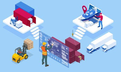 Global logistics network isometric illustration. Air cargo trucking rail transportation maritime shipping On-time delivery Vehicles designed to carry large numbers of cargo - obrazy, fototapety, plakaty