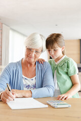 Obraz premium Older woman and granddaughter using calculator