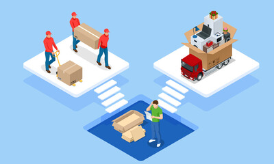Global logistics network isometric illustration. Isometric Logistics and Delivery concept. Delivery home and office. City logistics. Warehouse, truck, forklift, courier. On-time delivery
