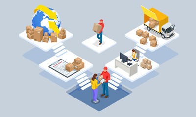 Global logistics network isometric illustration. Isometric Logistics and Delivery concept. Delivery home and office. City logistics. Warehouse, truck, forklift, courier. On-time delivery