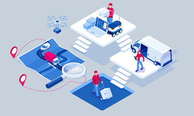 Naklejka na ściany i meble Global logistics network isometric illustration. Isometric Logistics and Delivery concept. Delivery home and office. City logistics. Warehouse, truck, forklift, courier. On-time delivery