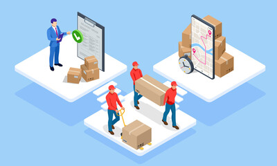 Global logistics network isometric illustration. Isometric Logistics and Delivery concept. Delivery home and office. City logistics. Warehouse, truck, forklift, courier. On-time delivery