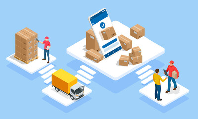 Global logistics network isometric illustration. Isometric Logistics and Delivery concept. Delivery home and office. City logistics. Warehouse, truck, forklift, courier. On-time delivery