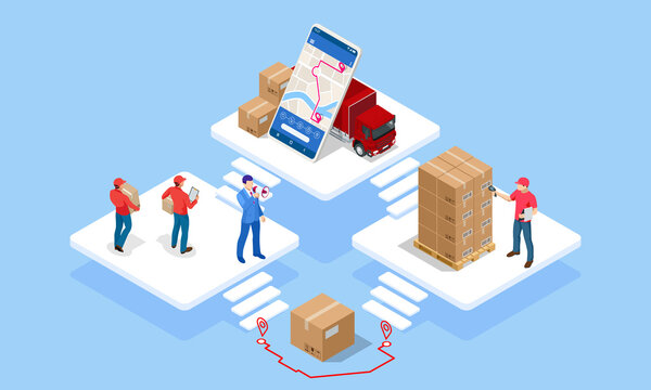 Global logistics network isometric illustration. Isometric Logistics and Delivery concept. Delivery home and office. City logistics. Warehouse, truck, forklift, courier. On-time delivery