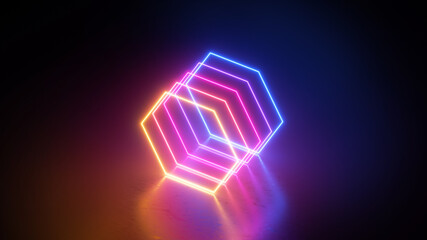 3d render, abstract geometric background with neon hexagonal shapes, colorful glowing lines