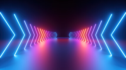 3d render, abstract geometric background with neon glowing arrows, forward direction concept © wacomka