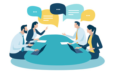 Discussion. The team discusses around the table. Vector illustration.