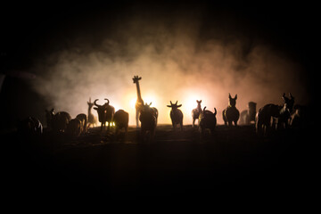 A group of animals are grouped together on a black background with glowing white rays. Animals range from an elephant, zebra, bear and rhino. Use it for a zoo or friends concept.