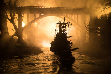 Silhouettes of a crowd standing at blurred military war ship on foggy background. Selective focus.