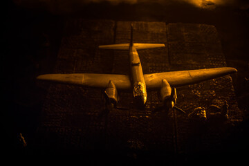 German Junker (Ju-88) night bomber at night. Artwork decoration with scale model of jet-propelled...