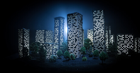 Cartoon style city buildings. Realistic city building miniatures with lights. background.