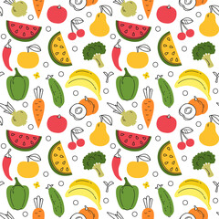 Pattern with fruits and vegetables in minimalistic flat style. Watermelon, peach, bananas and others on a white background, colored and black line. Vector art in cartoon childish style