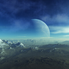 3d rendered Space Art: Alien Planet - A Fantasy frozen landscape with planets and blue skies