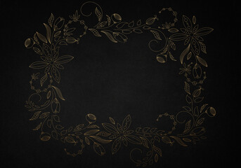Anthracite background with luxery golden ornaments, golden frame. Good for logo or invitation.