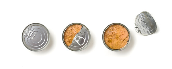 top view opening of a can of tuna: closed, half open, open. isolated white background