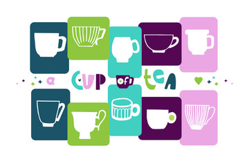 Vector illustration of lettering a cup of tea. White cups on a color background. Unique handwritten lettering.