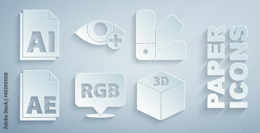 Poster set speech bubble with rgb and cmyk, color palette guide, ae file document, isometric cube, red eye 