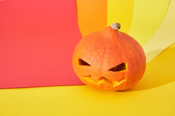 jack lantern from pumpkin on colored geometric background, copy space, halloween decoration concept
