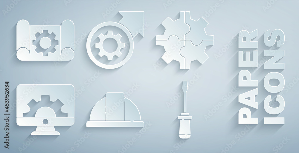 Poster set worker safety helmet, gear, computer monitor and gear, screwdriver, arrows as workflow process a