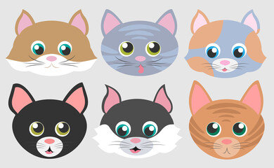 Vector set of realistic cat faces isolated on gray background. Cartoon emotional muzzles of cats. Red, gray, striped, spotted, black, black and white, brown cats. Different breeds.