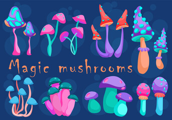 Set of fantasy neon mushrooms on blue background. Cartoon magic mushrooms. Vector colorful illustration.