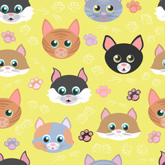 Vector seamless pattern with muzzles of cats of different breeds isolated on yellow background. Cartoon childish illustration with emotional faces and paws of cats. Black, red, spotted, striped cats.