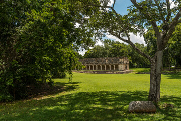 Fototapeta na wymiar Estructuras en zona arqueológica, ciudad maya de Uxmal, Yucatán, México 