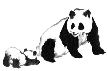 水墨画技法で描かれたパンダ親子