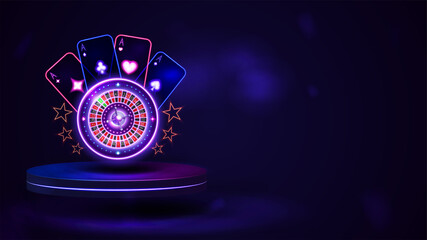 Podium with shine neon Casino Roulette wheel with playing cards in dark empty scene.