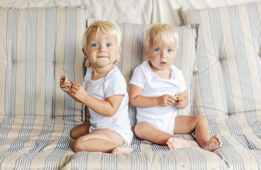 Two innocent babies are enjoying cookies. Portrait of twins with blue eyes and blonde hair eating...