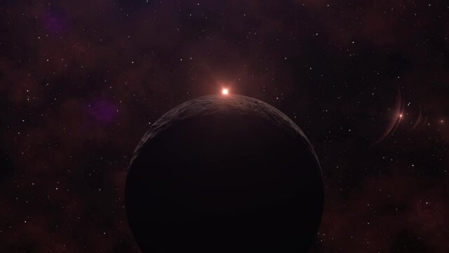 Sunrise over the planet Mars on starry background. View from the space. Nebula effect. Fantasy spacescape