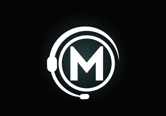 Initial M monogram letter alphabet and support service with headphones. Headphone logo. Hotline customer advice, call center help. Modern vector logo for business and company identity.